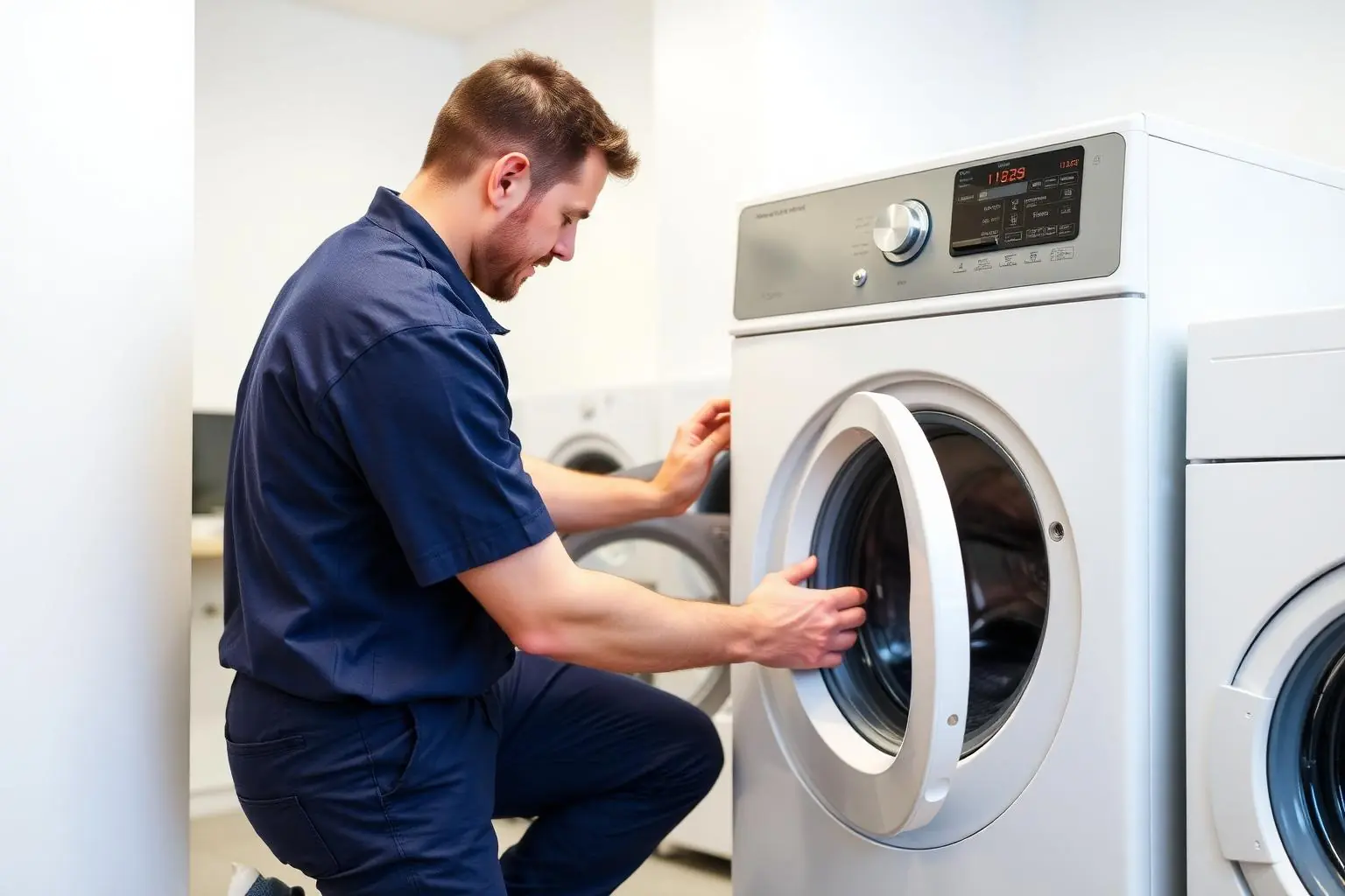 Técnico reparando una lavadora en domicilio